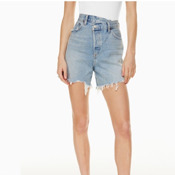 AGOLDE Criss Cross Symbol Medium Indigo Wash Asymmetrical Cutoff Jean Shorts - Picture 4 of 11